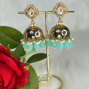 Beautiful Gold and Turquoise Tayani Kundan Stone Jhumka